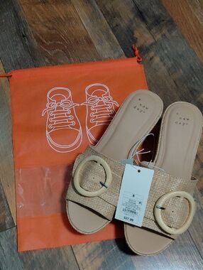 a new day Beige Woven Sandals/Mules w/Round Buckle. Comes With Travel Shoe Bag